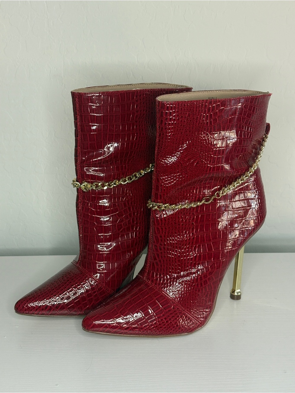 Chase + Chloe Red Croc-Embossed Pointed Toe Stiletto Ankle Boots with Gold Chain